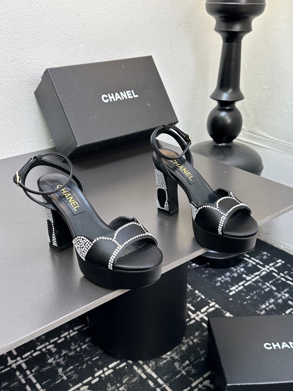 2025 Women Chanel Black Fabric Leather Rhinestone Platform Sandals KFY00320