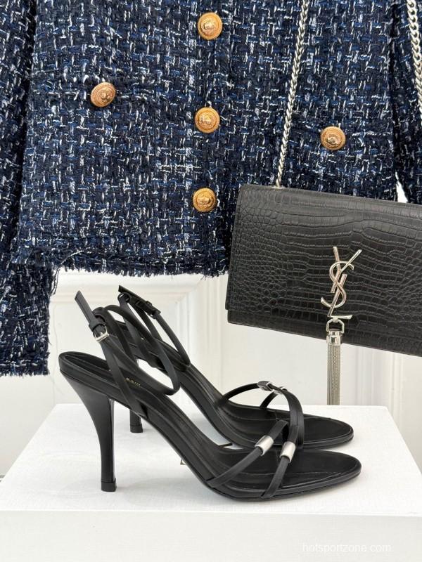 2025 Women Yves Saint Laurent Black Leather High Heel Sandals KFY00270