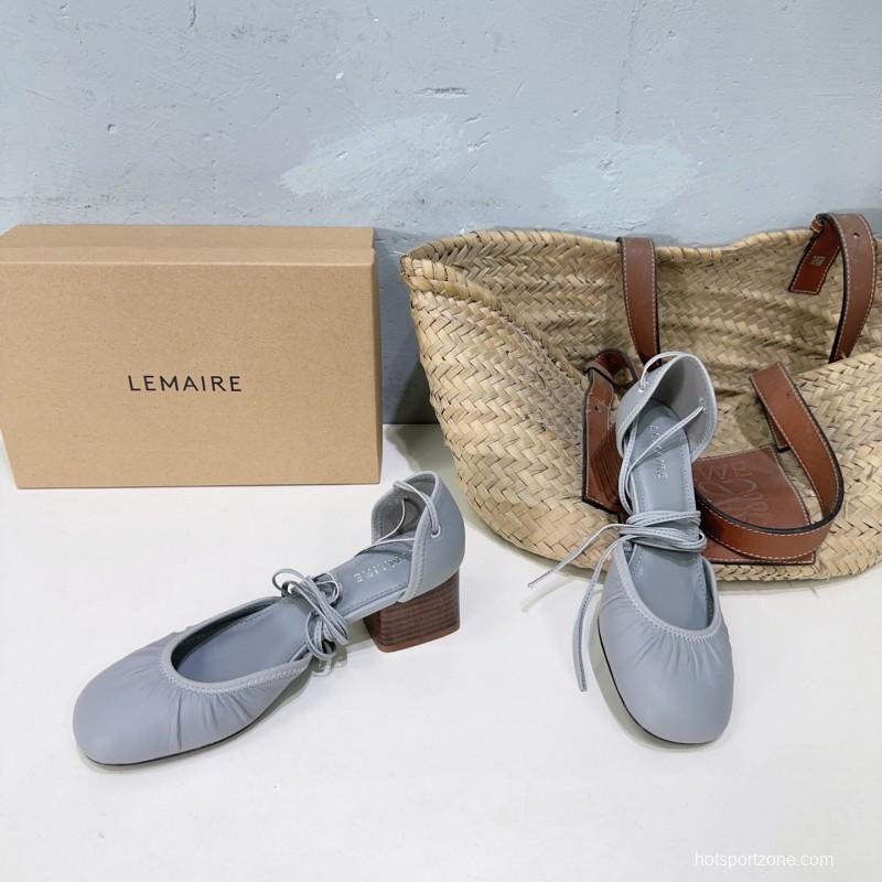2025 Women LEMAIRE Light Grey Leather Mary Jane Block Heel KFY00300