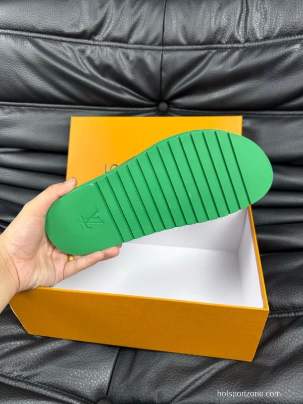 2025 Men Louis Vuitton Green Leather Slippers AS00170