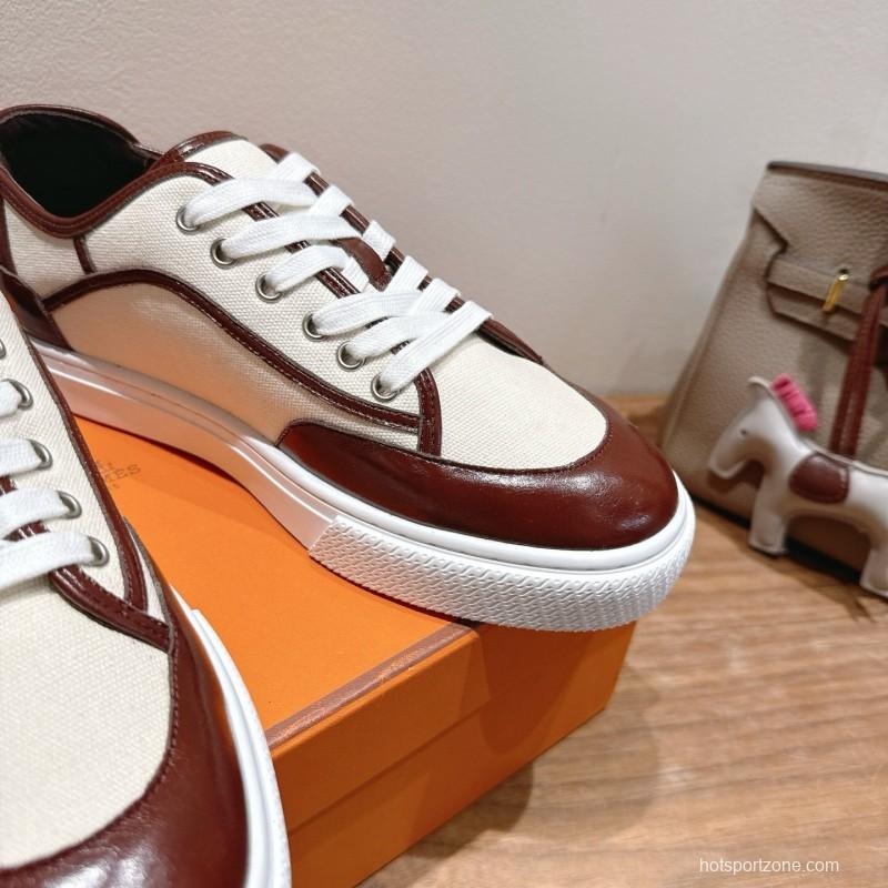 2025 Unisex Hermes Brown White Fabric Leather Sneakers AS00380