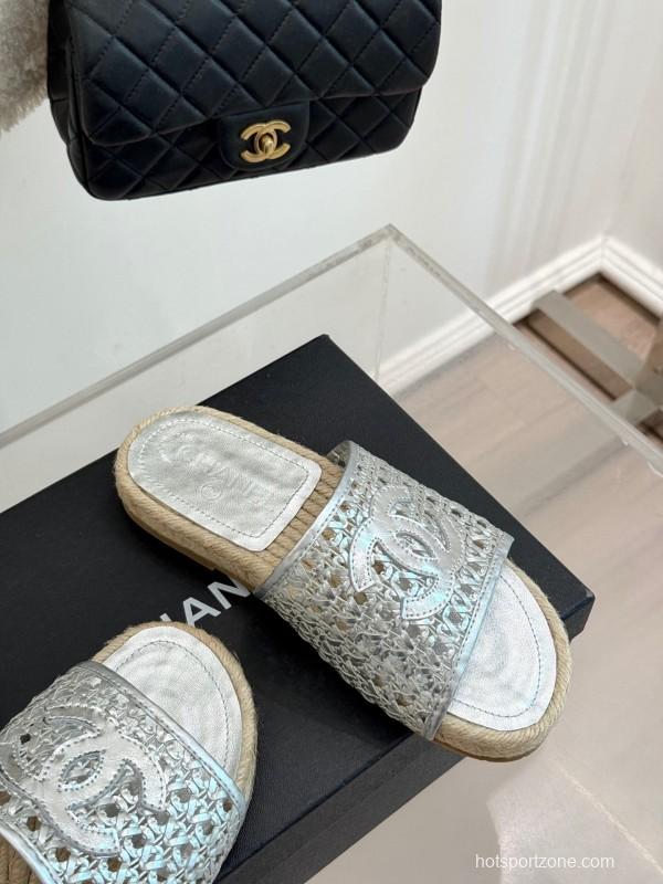 2025 Women Chanel Silver Leather Woven Fisherman Slippers KFY00240