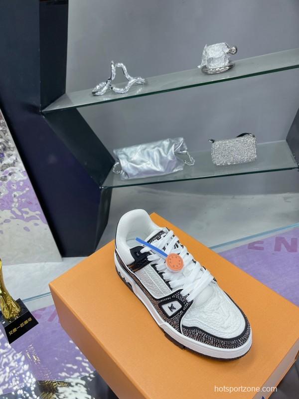 2025 Unisex Louis Vuitton White Black Leather Fabric Plimsolls Handcrafted Rhinestones AS00400