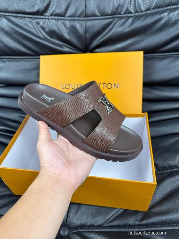 2025 Men Louis Vuitton Brown Leather Slippers AS00170