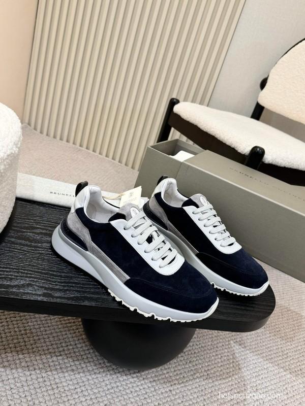 2025 Men Brunello Cucinelli Black White Blue Suede Sneakers AS00320