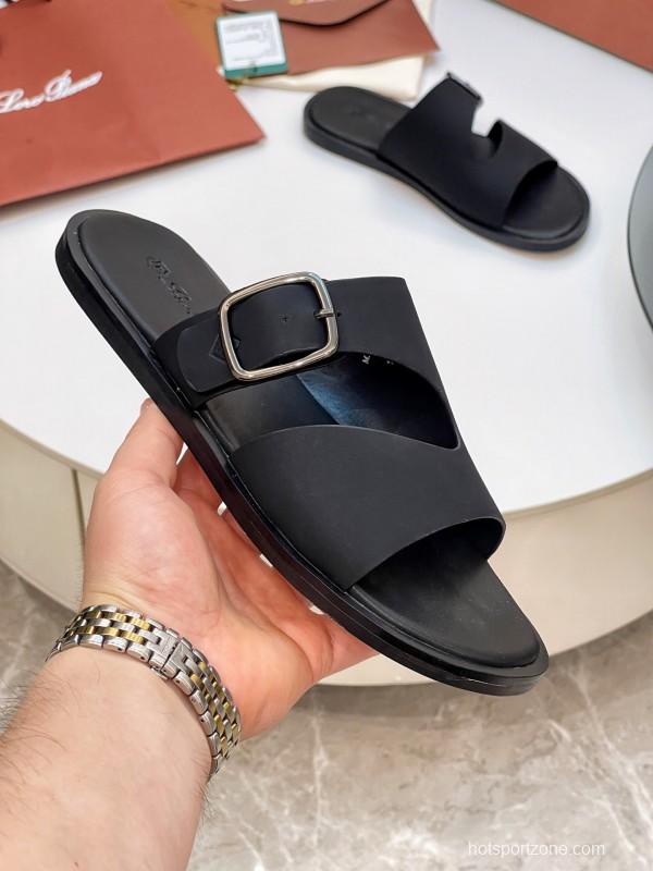 2025 Men Loro Piana Black Leather Slippers Buckle AS00250