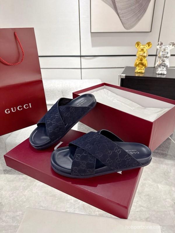 2025 Unisex Gucci Navy Fabric Slippers Double G Embossed AS00240