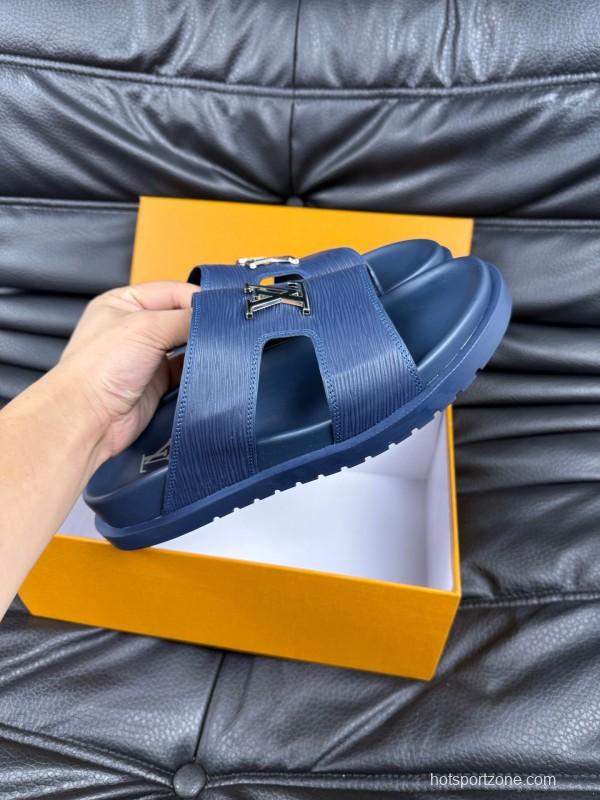 2025 Men Louis Vuitton Blue Leather Slippers AS00170