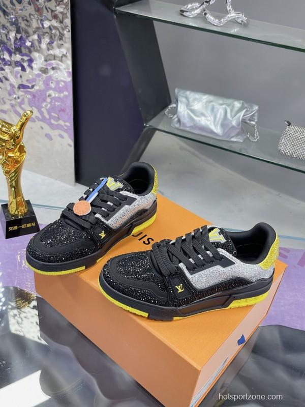 2025 Unisex Louis Vuitton Black Grey Yellow Leather Fabric Plimsolls Handcrafted Rhinestone AS00400