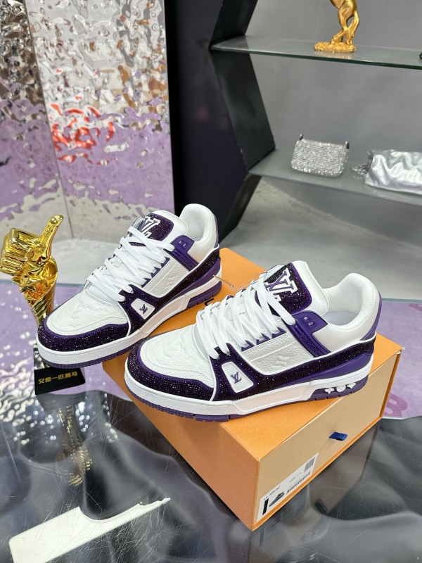 2025 Unisex Louis Vuitton White Purple Leather Denim Plimsolls Handmade Beaded AS00400