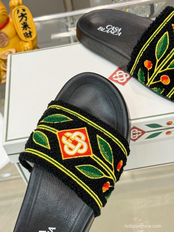 2025 Men CASA BLANCA Black Green Red Embroidered Leather Slippers Embroidery KFY00160