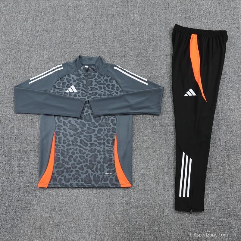 2025 Adidas Dark Grey & Black with Leopard Print Pattern and Orange Accents Half Zipper Jacket +Long Pants