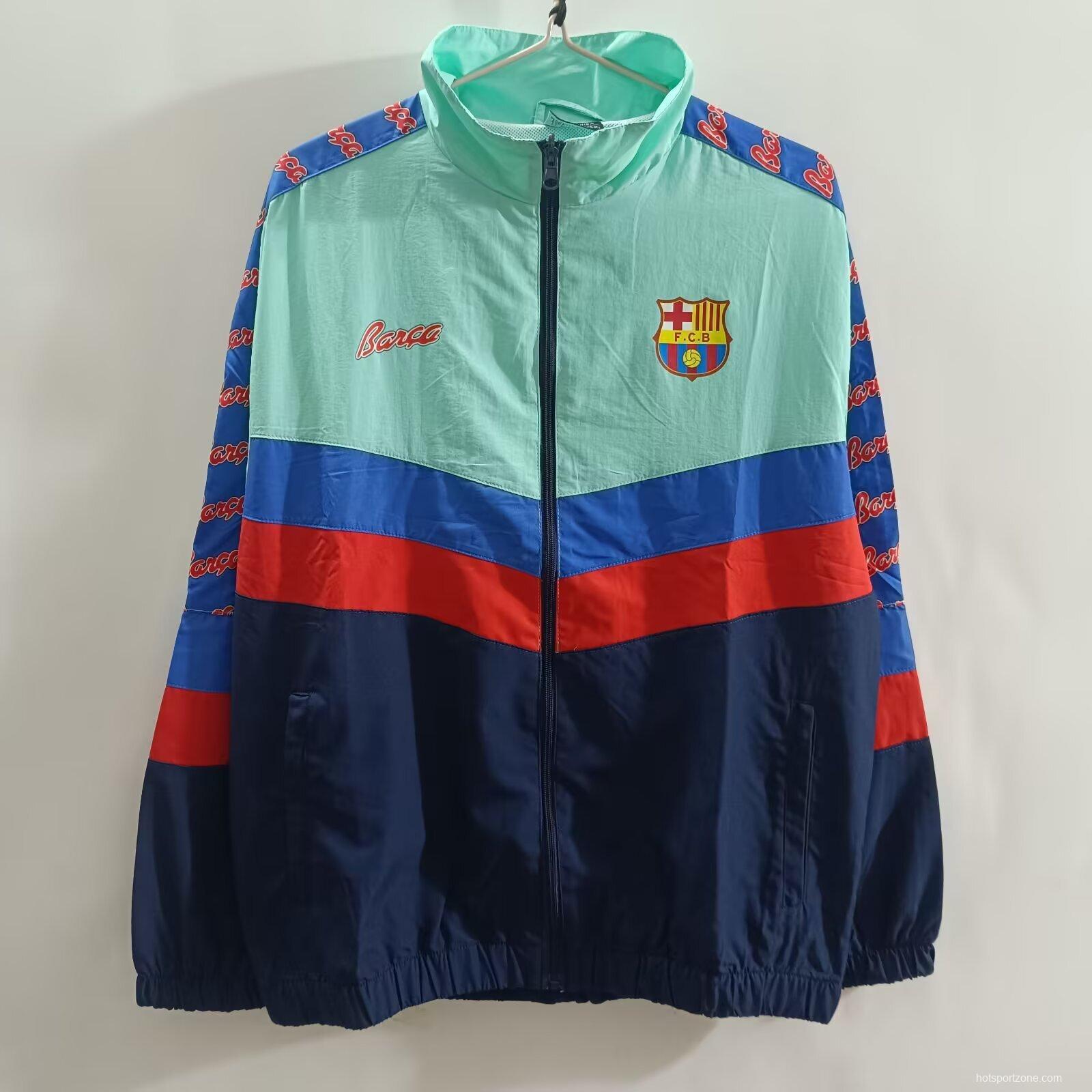 25/26 FC Barcelona Mint Green & Navy with Chevron Stripe Pattern Windbreaker