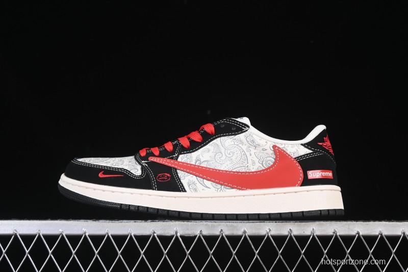 Nike Travis Scott x Fragment Design x Air Jordan 1 Low OG SP AJ1 Supreme Collaboration Floral Carving Red Hook Low-top Casual Sneakers - LD2025-035