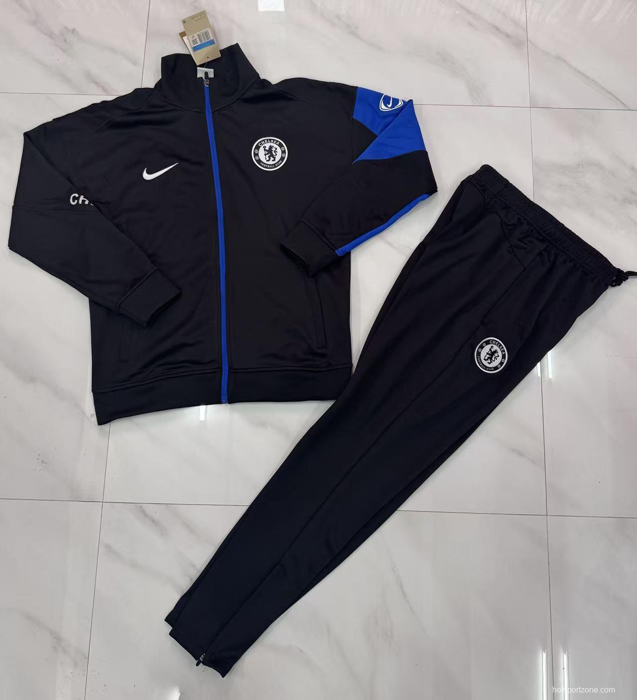 25/26 Chelsea Black with Blue Accents FULL Zipper Jacket Tracksuit +Long Pants