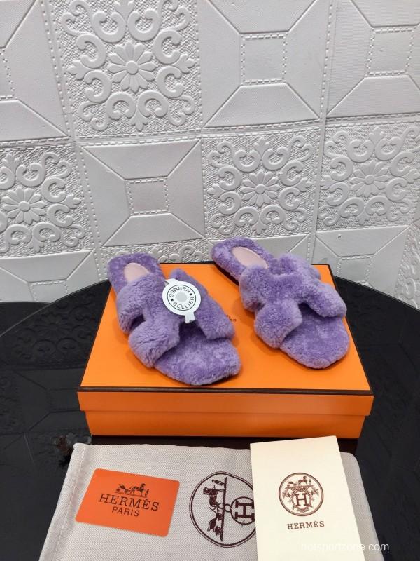 H Eiderdown Teddy Wool H Slippers Flat Sole Fur Slides - LY00240