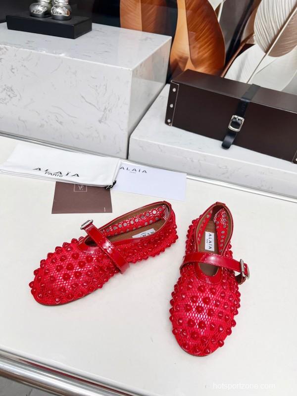 Alaia 2025/SS Beaded Openwork Ballet Dance Shoes with Mixed Lamb Leather Insole and 0.8CM Inner Height - LY00280