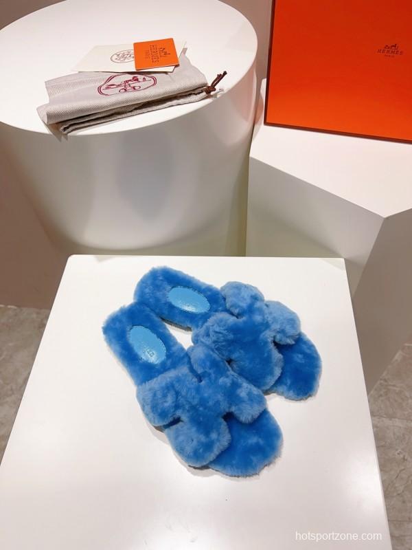 Hermès Teddy Wool H Slippers Flat Sole Fur Slides - LY00240