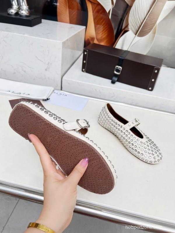 Alaia 2025/SS Crystal-Studded Ballet Flats with Built-in 0.8CM Height Increase - LY00340