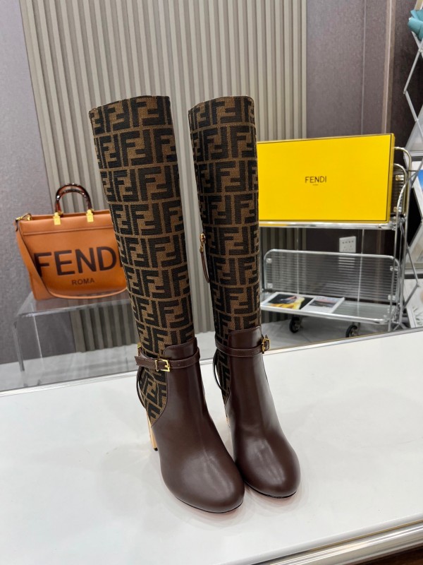 FENDI Delfina Round Toe Boots with FF Buckle and Heel Detailing - LY00