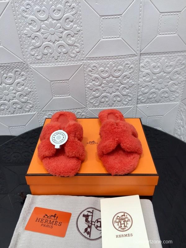 H Teddy Wool H Slippers Flat Sole Fur Slides - LY00240