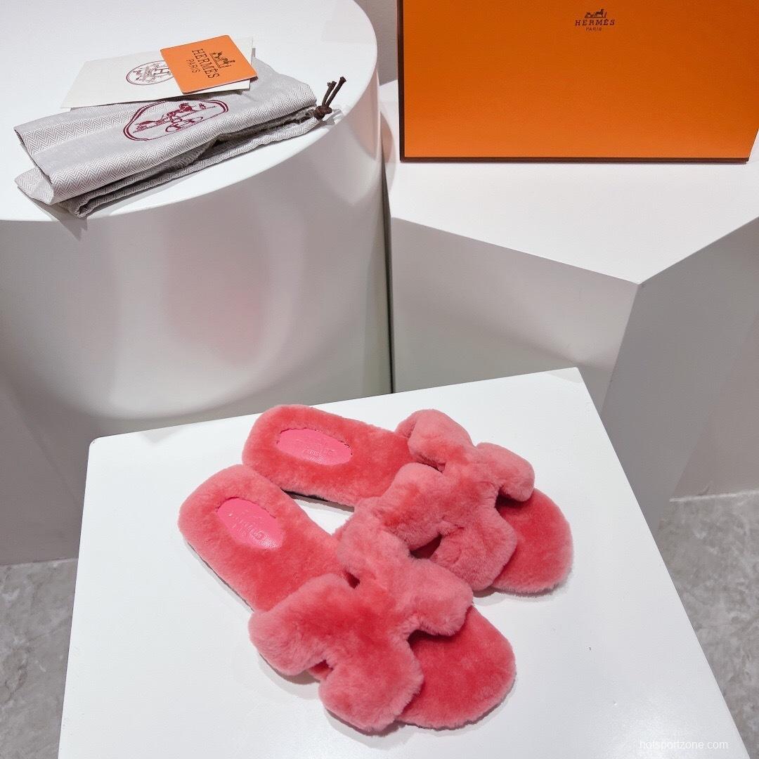 Hermès Teddy Wool H Slippers Flat Sole Fur Slides - LY00240