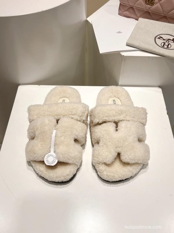 H Love Erjiu Full Wool Slippers with Wavy Fur Design - LY00270