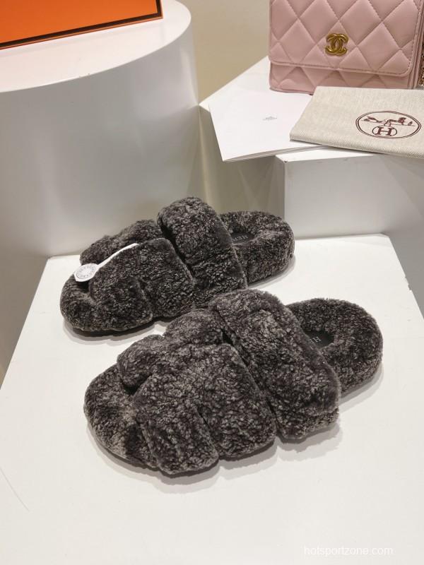 H Love Erjiu Full Wool Slippers with Slight Curly Wool Design - LY00270