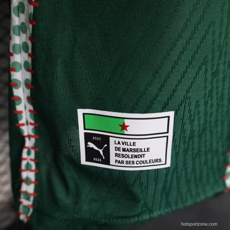 25/26 Player Version Marseille White and Green with Vertical Stripe and Dot Pattern Jersey