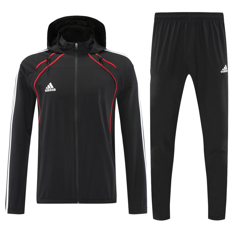 26/27 Adidas Black With Red logo Full Zipper Hooded Jacket Tracksuit + Long Pants