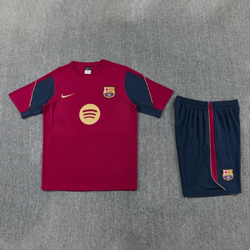26/27 FC Barcelona Burgundy Red  Short Sleeve + Navy Blue Soccer Shorts