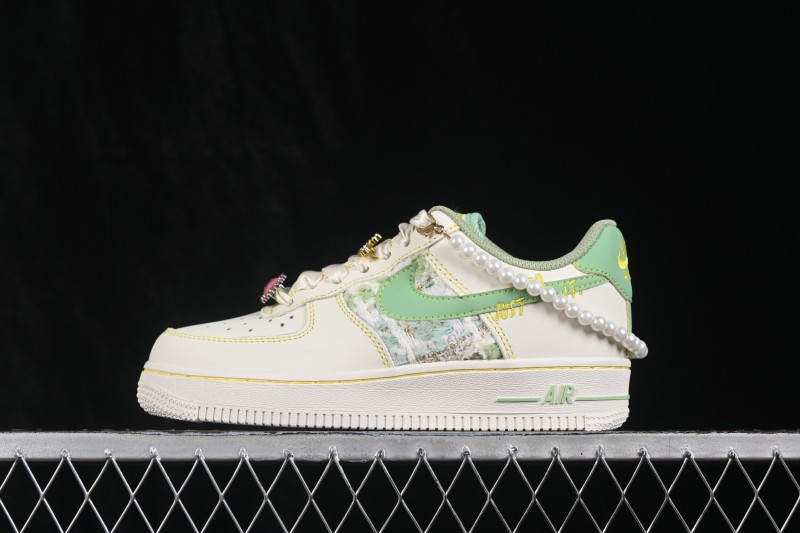 Nike Air Force 1 '07 Low Canvas Sneakers with Hand-Painted Jade Pearl Detailing - FJ7740-111