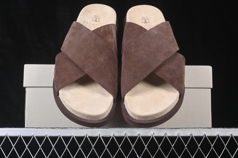 Brunello Cucinelli Suede Flat Slip-On Open Toe One-Band Slippers - MZUSOLY327CAY70 BROWN
