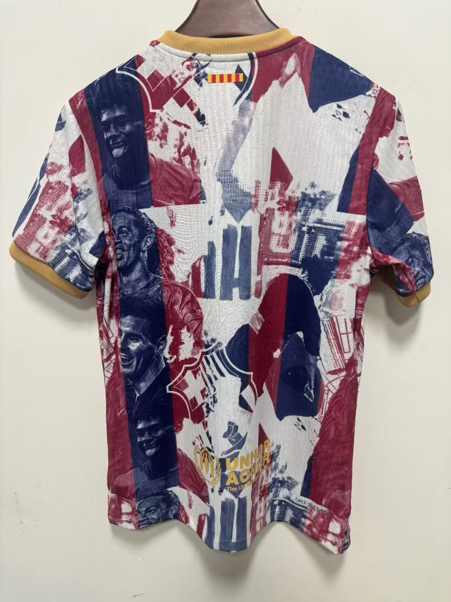 Player Version 25/26 Barcelona White with Abstract Blaugrana Brushstroke Print and Gold Trim Jersey