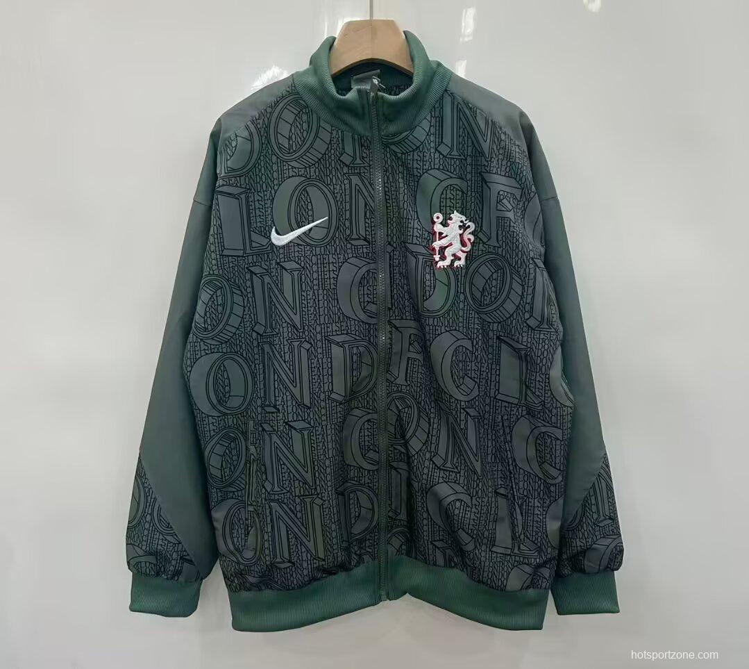 25/26 Chelsea FC Green with All-Over London Text Pattern Full Zipper Windbreaker